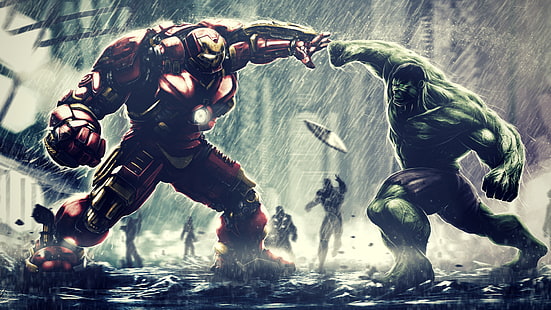 Marvel Iron Man Mark 44 enfrenta a ilustração do Hulk, Homem de Ferro, Hulk, Universo Cinematográfico da Marvel, Marvel Comics, super-herói, Vingadores: Era de Ultron, Os Vingadores, HD papel de parede HD wallpaper