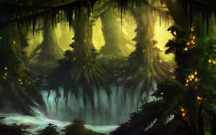 fantasy art, digital art, artwork, trees, forest, plants, dark, fall, water, HD wallpaper