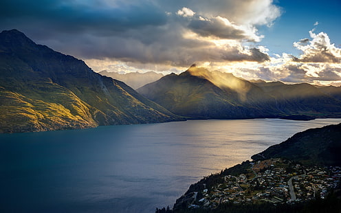 city buildings, landscape, mountains, lake, Lake Wakatipu, New Zealand, HD wallpaper HD wallpaper