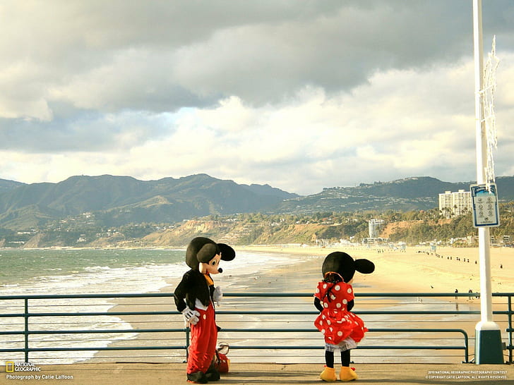 beach, california, costume, funny, geographic, landscapes, mickey, minnie, monica, mouse, national, nature, piers, railing, santa, HD wallpaper