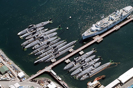 gray submarine lot, submarine, Japan, aerial view, ship, military, HD wallpaper HD wallpaper