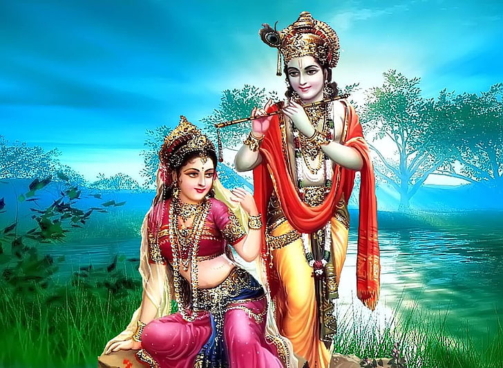 Бхагваан Шри Кришна, плакат индуистского Бога, Бог, Господь Кришна, река, флейта, Радха, HD обои