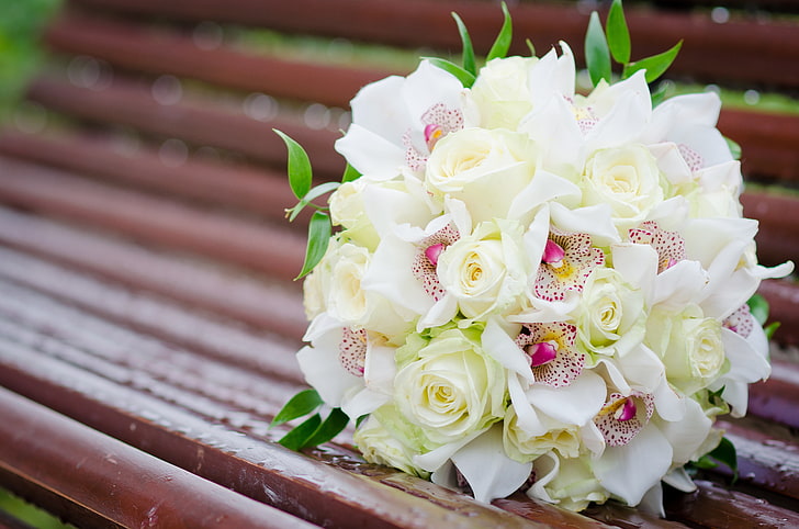white roses and pink orchids bouquet, flowers, bench, roses, bouquet, shop, white, orchids, HD wallpaper