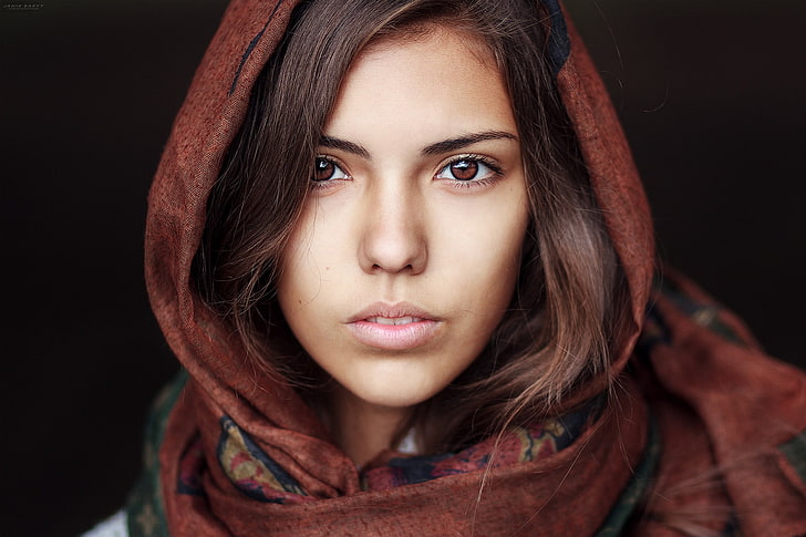 women, brunette, hazel eyes, face, scarf, HD wallpaper