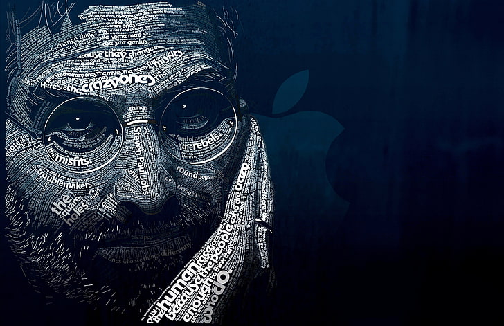 kolaż słowo człowieka grafika, niebieski, litery, tło, ciemny, ipod, jabłko, mężczyzna, iphone, czarny, słowa, cytaty, mężczyzna, ipad, Steve Jobs, wyrażenie, oświadczenia, hi-tech, Tapety HD