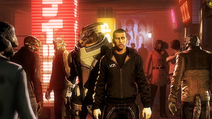 człowiek w kurtce, tapeta cyfrowa, Mass Effect, sztuka cyfrowa, grafika, gry wideo, Tapety HD