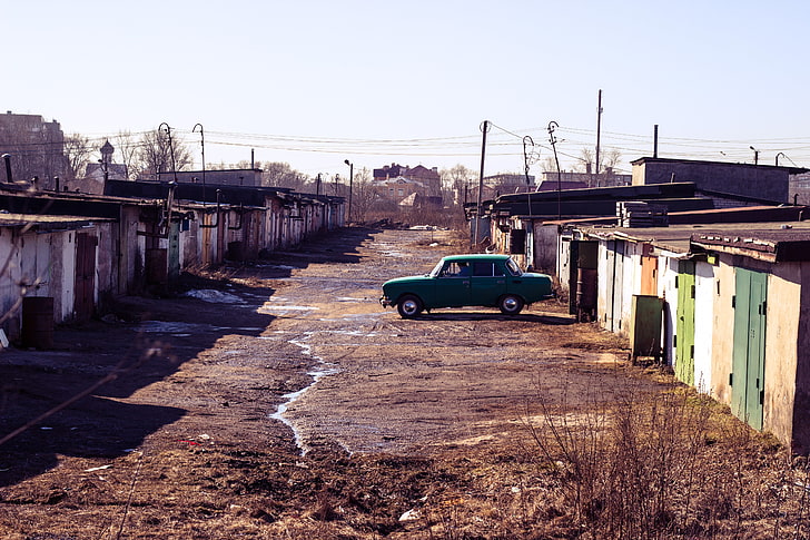 Russia, landscape, garages, Moskvich, HD wallpaper