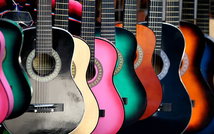 Colored Guitars, assorted acoustic guitars, music, classic, colors, store, HD wallpaper