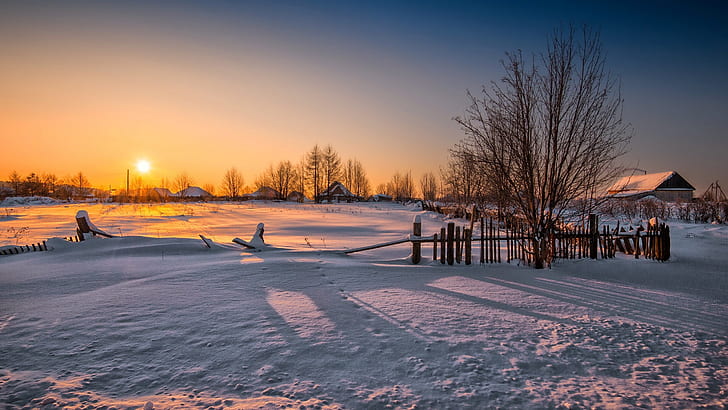 Winter, fence, trees, house, sunset, snow, Winter, Fence, Trees, House, Sunset, Snow, HD wallpaper