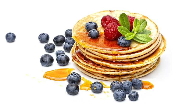 pancakes with berries, pancakes, berry, bilberry, honey, raspberry, sauce, HD wallpaper