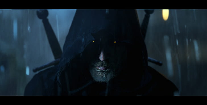 Grafika z gier wideo, Wiedźmin 3: Dziki Gon, Wiedźmin, Geralt z Rivii, żółte oczy, ciemność, broda, kaptury, fantasy art, Tapety HD