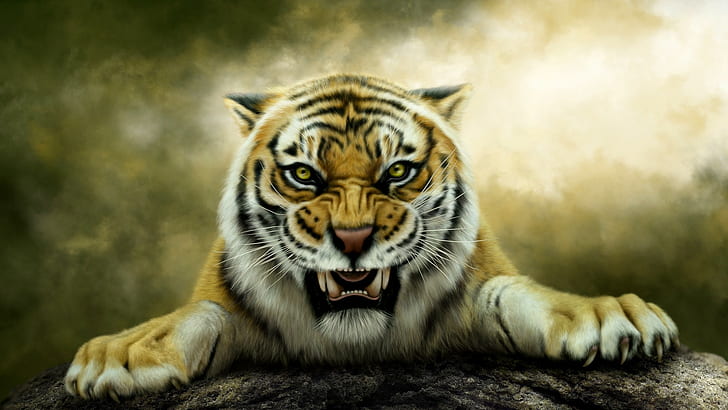 Tiger photoshop, Nelena, photoshop, tiger, teeth, predator, HD wallpaper