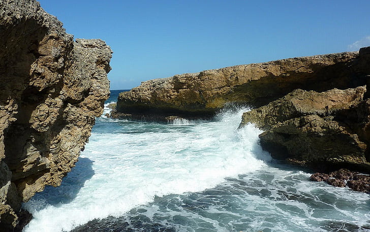 caribic, curacao, océano, rocas, spray, olas, Fondo de pantalla HD