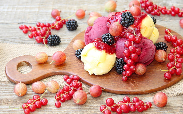 food, lunch, closeup, fruit, blackberries, ice cream, red currant, HD wallpaper
