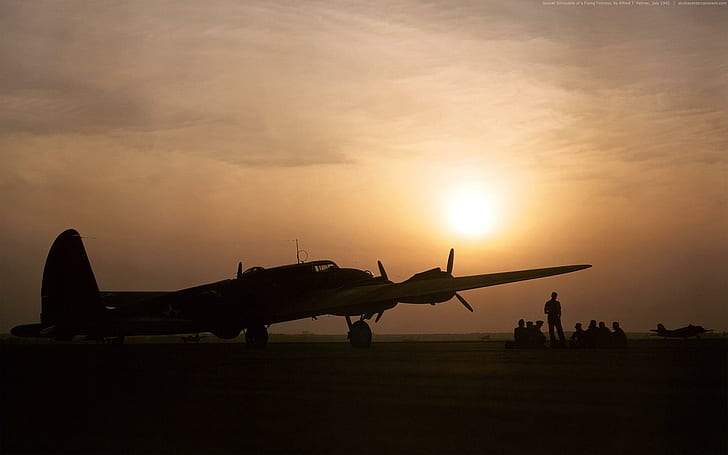 Sunset Silhouette Of A B-17 Flying Fortress, black plane, b-17, flying fortress, b17 d series -- early tailplane, b 17, sunset, aircraft planes, HD wallpaper