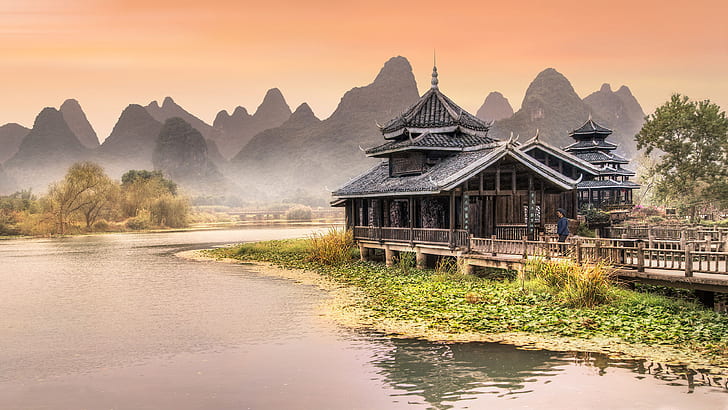 Chinese Traditional House In An Amusement Park Near Yangshuo Reconstruction Near The River Hd Wallpapers For Tablets Best Hd Desktop Wallpapers 3840×2160, HD wallpaper