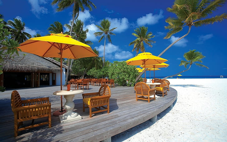 Terrasse de plage, terrasse, restaurant, plage, mer, paysage, Fond d'écran HD
