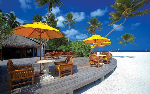 Terrasse de plage, terrasse, restaurant, plage, mer, paysage, Fond d'écran HD HD wallpaper