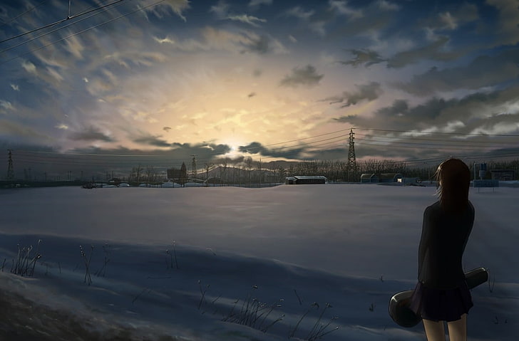 anime girls, snow, winter, alone, manga, sky, landscape, HD wallpaper