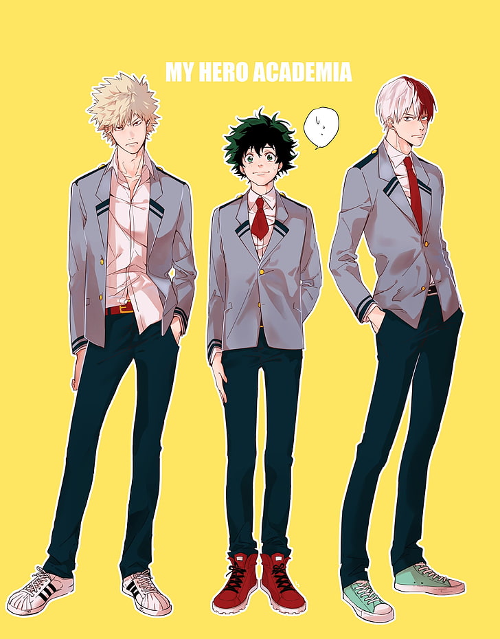 Ilustración de personajes de anime de tres hombres, Boku no Hero Academia, Katsuki Bakugou, Izuku Midoriya, Fondo de pantalla HD, fondo de pantalla de teléfono