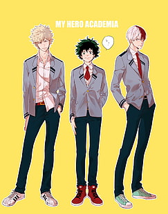 иллюстрация трех персонажей аниме, Boku no Hero Academia, Katsuki Bakugou, Izuku Midoriya, HD обои HD wallpaper