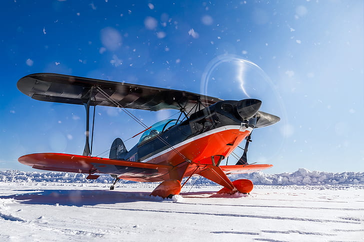 winter, snow, the plane, wings, propeller, biplane, HD wallpaper