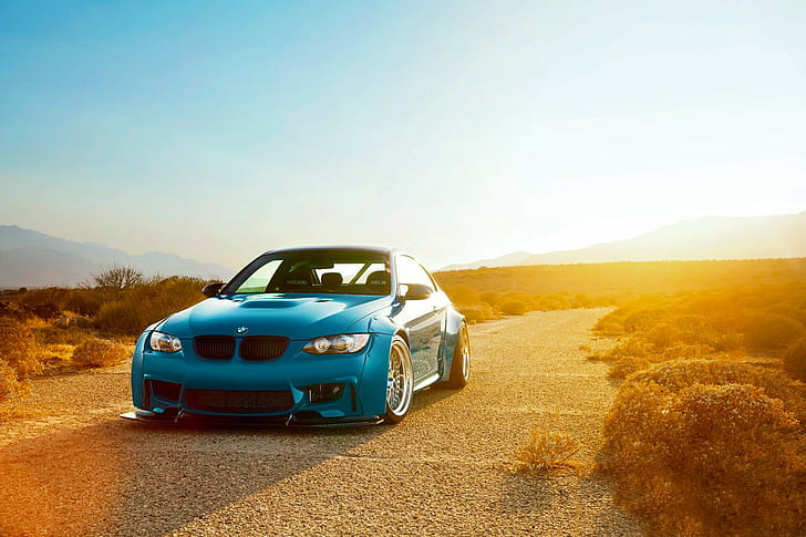 BMW, M3, E92, blå, frihet, blå bmw bil, bmw, M3, E92, blå, frihet, promenad, solnedgång, himmel, HD tapet
