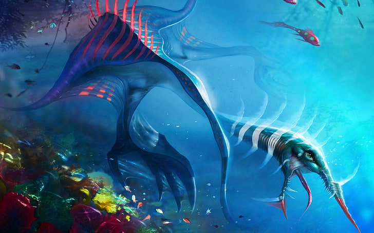 ilustrasi ikan biru, makhluk, bawah air, monster laut, Wallpaper HD