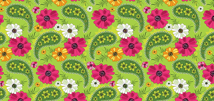 green, pink, white, and orange floral paisley illustration, flowers, pattern, texture, petals, ornament, green background, HD wallpaper