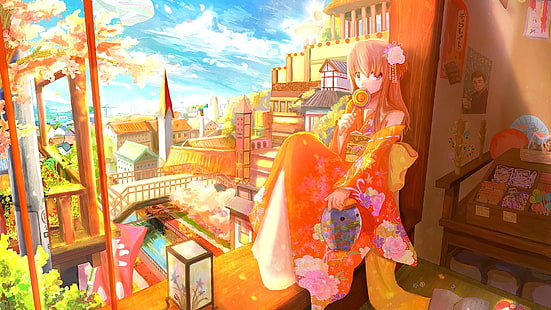 anime, gadis anime, berambut merah, rambut panjang, mata merah, pakaian Jepang, kimono, melihat penonton, karakter asli, Wallpaper HD HD wallpaper