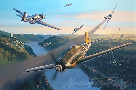 papel de parede de aviões cinza, guerra, arte, pintura, aviação, Nicolas Trudgian, ww2, fw 190, lutador alemão, HD papel de parede HD wallpaper