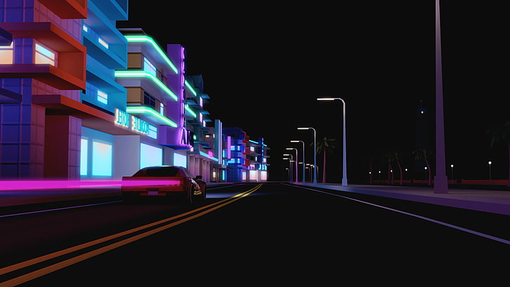 city ​​urban street car cgi render building night city lights gerak blur miami florida, Wallpaper HD