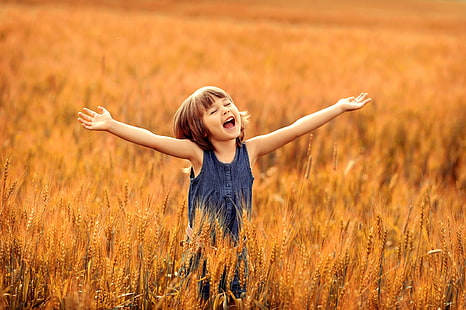 pszenica, pole, lato, radość, szczęście, dzieciństwo, dziewczyna, zachwyt, Tapety HD HD wallpaper