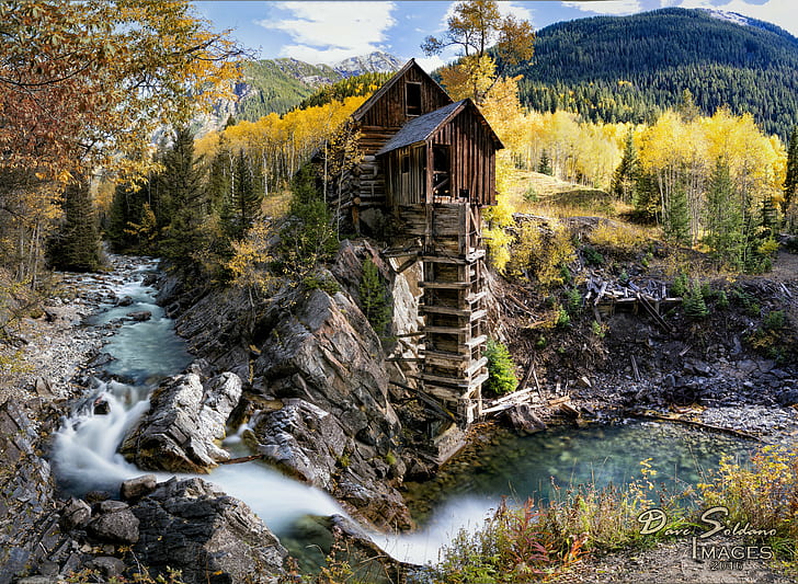 brown wooden house surrounding green leaf trees near river at daytime, crystal mill, crystal mill, Crystal Mill, Fall, house, green leaf, trees, river, daytime, Old Mill, Horse Mill, cabin, stream, Marble  Colorado, western, travel, wanderlust, clear, colorful, nature, autumn, forest, landscape, mountain, tree, outdoors, scenics, water, HD wallpaper