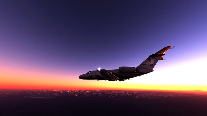 Microsoft Flight Simulator, Microsoft Flight Simulator 2020, Flight, aircraft, airplane, Cessna Citation CJ4, cessna, sunset, Sky (game), clear sky, sun rays, HD wallpaper