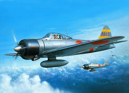 灰色のA1-101飛行機、空、雲、戦争、フィギュア、アート、戦闘機、三菱、日本語、WW2、デッキ、ゼロセン、A6M2、 HDデスクトップの壁紙 HD wallpaper