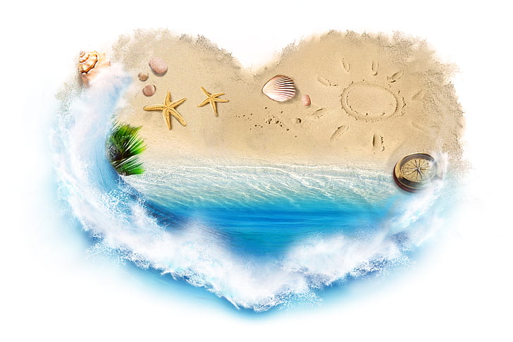 areia, mar, agua, esguicho, criativa, coração, concha, bússola, estrela do mar, HD papel de parede