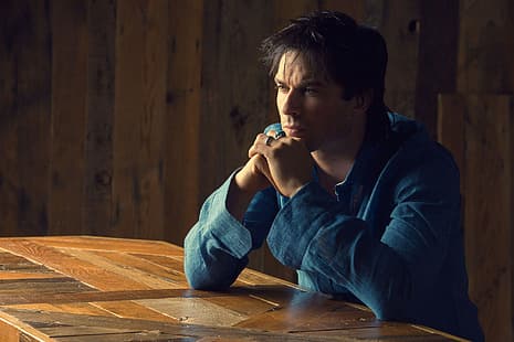  Ian Somerhalder, celebrity, actor, The Vampire Diaries, Damon Salvatore, dark hair, blue shirt, blue clothing, blue clothes, table, looking into the distance, men, hands crossed, HD wallpaper HD wallpaper
