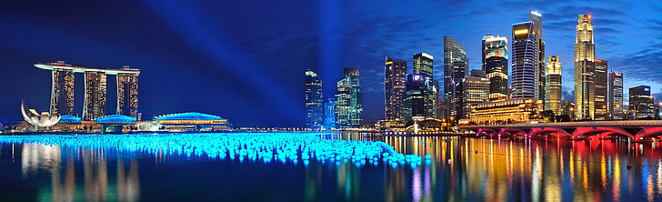 Марина Бей-Сингапур, водоем, Азия, Сингапур, красив, град, залив Марина, пътуване, празници, море, светлини, ярки, HD тапет