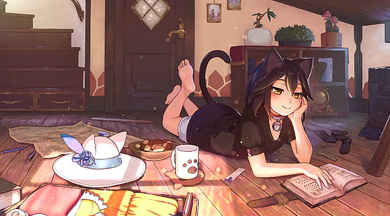 anime girl, lying down, animal ears, smiling, reading, cat girl, Anime, HD wallpaper HD wallpaper