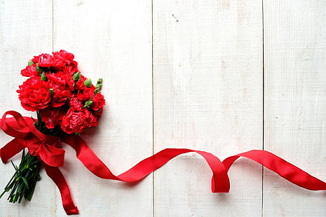 bouquet d'oeillets rouges, fleurs, ruban adhésif, arc, clou de girofle, Fond d'écran HD HD wallpaper