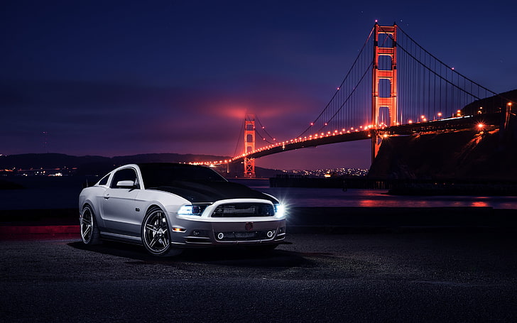 Ford Mustang cinza, ford, mustang, noite, carros, HD papel de parede