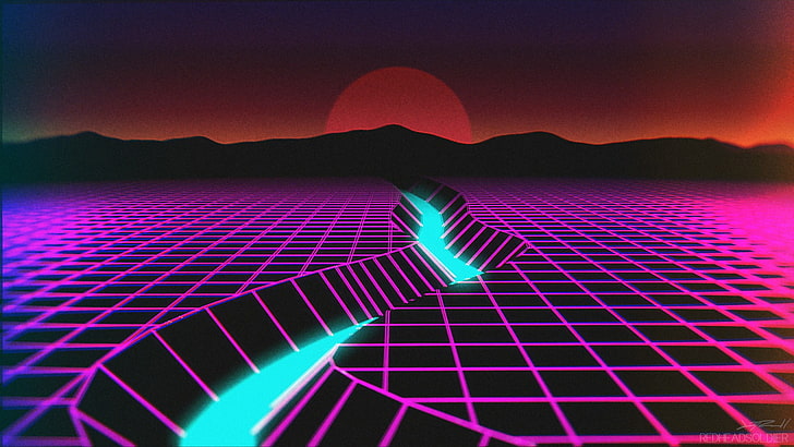 purple and teal graphic illustration, New Retro Wave, neon, synthwave, wireframe, HD wallpaper