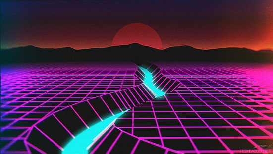 purple and teal graphic illustration, New Retro Wave, neon, synthwave, wireframe, HD wallpaper HD wallpaper