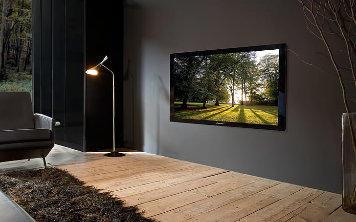 Desain Interior Keren, tv layar datar hitam, kamar, tv, rumah, ruang tamu, Wallpaper HD