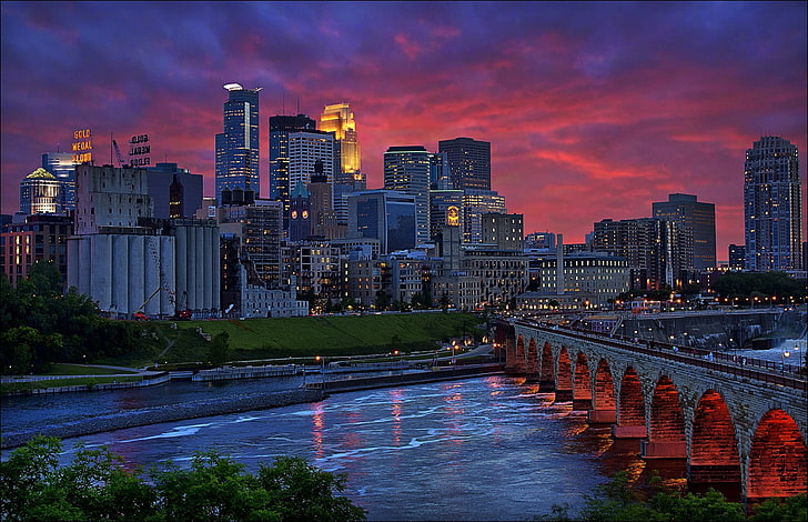 cityscape, purple sky, Minneapolis, city, river, bridge, HD wallpaper