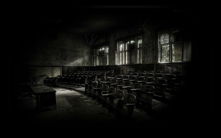 The deserted classroom, desk and chairs lot, fantasy, 1920x1200, desk, chair, classroom, HD wallpaper