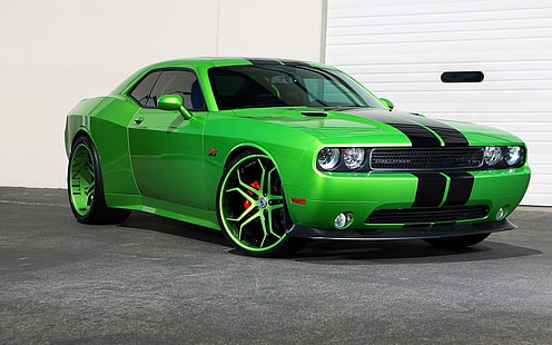 зелен Dodge Challenger купе, кола, зелени автомобили, Dodge Challenger Hellcat, превозно средство, HD тапет HD wallpaper