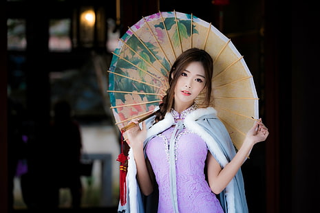 Женщины, азиатка, тесьма, брюнетка, платье, девушка, модель, традиционный костюм, зонтик, женщина, HD обои HD wallpaper
