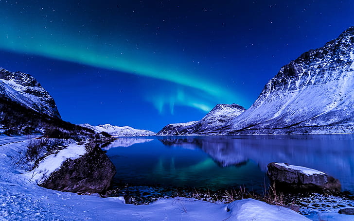 Beautiful sky, night, winter, Iceland, Northern Lights, landscape of mountain and water, Beautiful, Sky, Night, Winter, Iceland, Northern, Lights, HD wallpaper